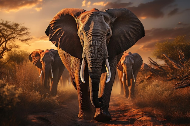Corpo pieno di mandria di elefanti dalle zanne molto lunghe al tramonto