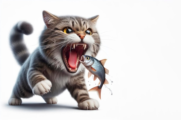 corpo pieno gatto arrabbiato con la bocca aperta e un pesce in esso su uno sfondo bianco di colore ai generativo