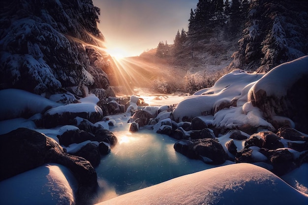 Corrente che attraversa una foresta innevata ai generativa