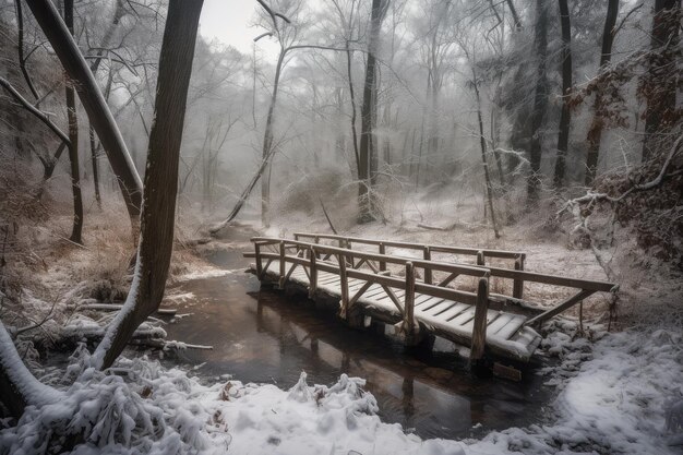 Corrente forestale invernale sotto scoiattoli delle nevi e ponte di legno IA generativa