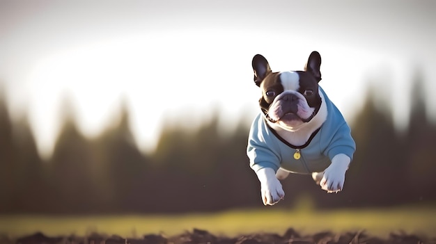 Correre e saltare bulldog con un panno di colore blu