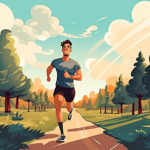 Correre nel parco Corridore maschile all'aperto che fa jogging nell'illustrazione piatta del parco