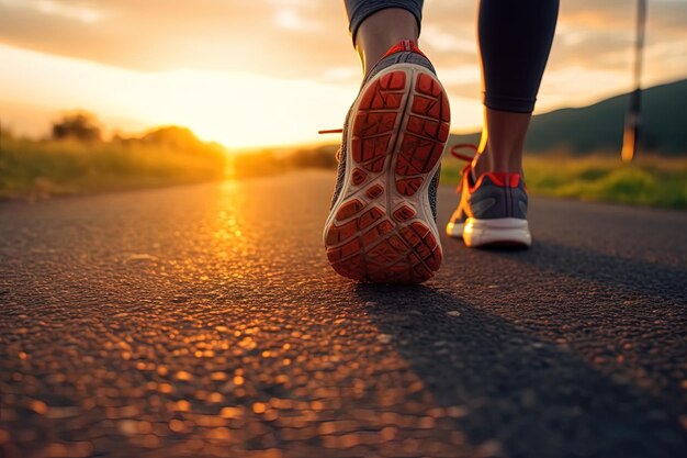 Correre per una vita sana Close Up di scarpe da corsa gambe di atleta che corrono sulla strada al tramonto generata da AI