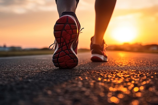 Correre per una vita sana Close Up di scarpe da corsa gambe di atleta che corrono sulla strada al tramonto generata da AI