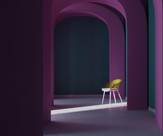 Corridoio ad archi viola con sedia di design in plastica rendering 3d