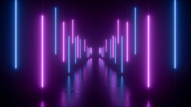 Corridoio al neon con linee blu e viola nel rendering 3D prospettico