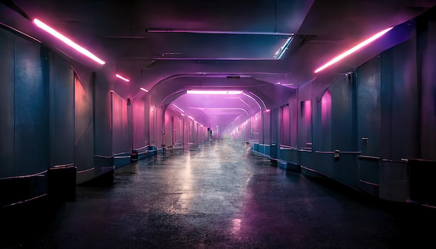 Corridoio con lampade viola luminose in un'astronave futuristica