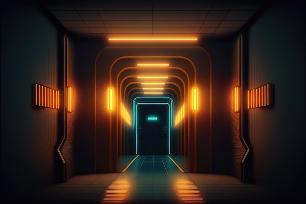 Corridoio con luce al neon Passaggio scifi ad alta tecnologia Riflessione metallica della luce