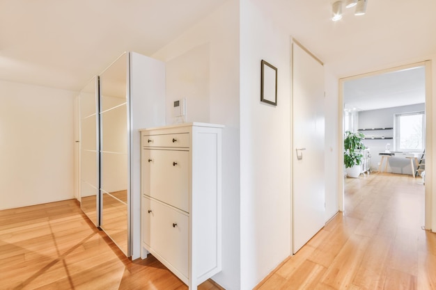 Corridoio d'ingresso che conduce all'interno di un accogliente appartamento residenziale in bianco con una vetrina su pavimento in legno