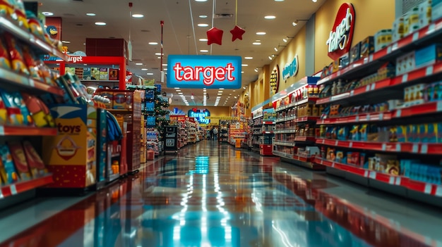 corridoio del supermercato con scaffali colorati e clienti irriconoscibili come sfondo
