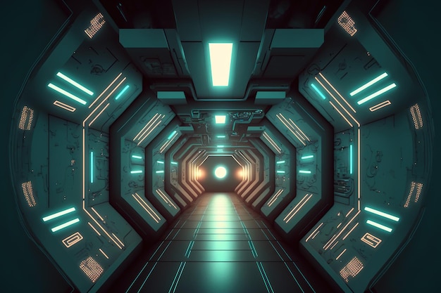 Corridoio dell'astronave vista interna di un tunnel futuristico con illuminazione Contesto futuro business fantascienza o altra idea