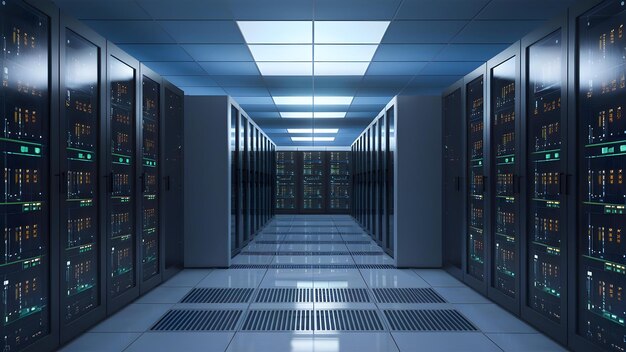 Corridoio di data center ad alta tecnologia con racks di server illuminati Concept Technology Data Center Servers Illumination Corridor