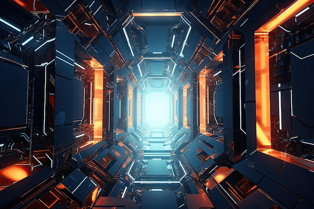 Corridoio di tunnel sci-fi futuristico con luci luminose rendering 3D Tunnel futuristico del metaverso con forme poligoniche e schede di circuito generato da AI
