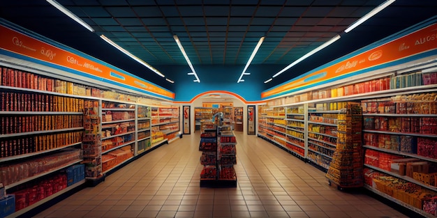 Corridoio e scaffali del supermercato sfocato sullo sfondo AI generativa