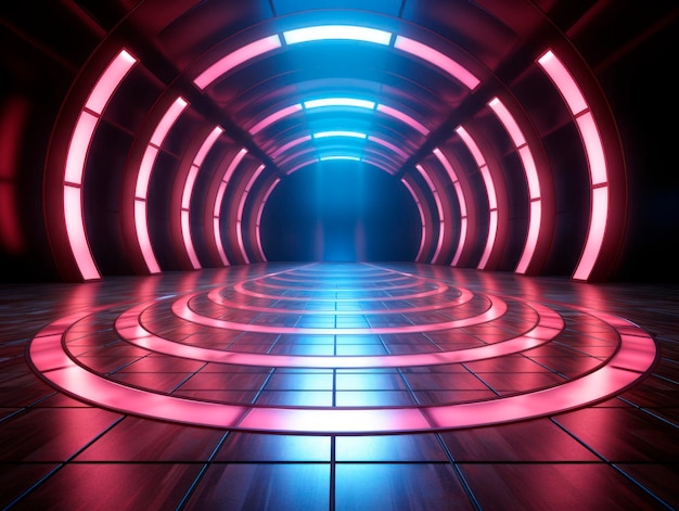 Corridoio futuristico con luci al neon in una stanza buia IA generativa