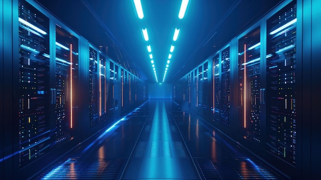 Corridoio futuristico del data center con luci blu luminose e rack per server su entrambi i lati