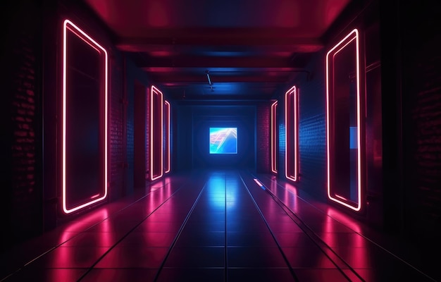 Corridoio illuminato indaco e cremisi perfetto per l'interior design moderno IA generativa
