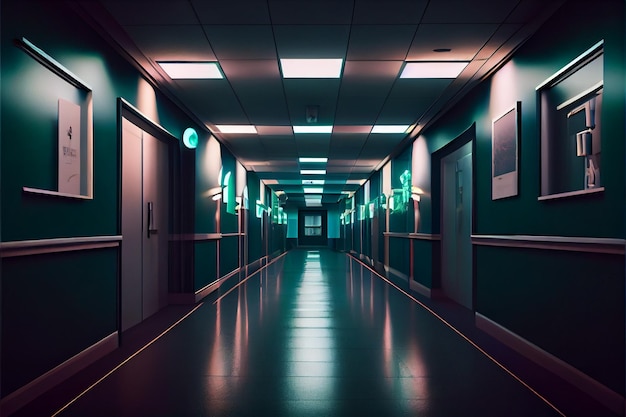 Corridoio lungo e buio dell'ospedale con camere e posti a sedere Rendering 3D Interni vuoti per incidenti e emergenze con luci intense che illuminano la sala dall'ai generativo