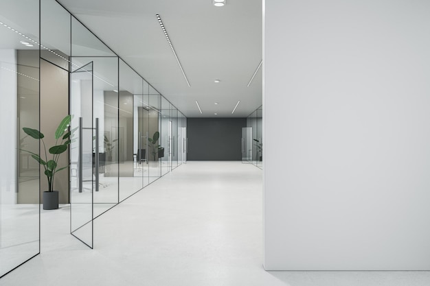 Corridoio moderno in vetro per ufficio con mock up posto vuoto su mobili da parete e pavimento in cemento Rendering 3D