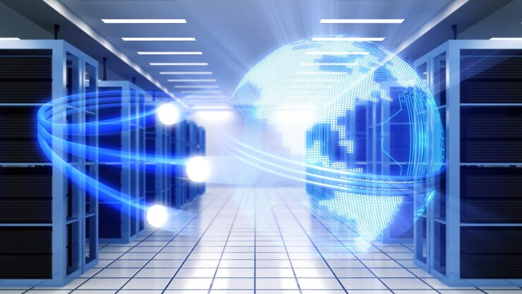 Foto corridoio nel centro dati di lavoro pieno di server rack e supercomputer.