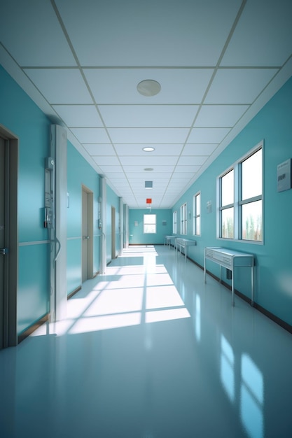 Corridoio ospedaliero vuoto con pavimenti puliti creati con intelligenza artificiale generativa