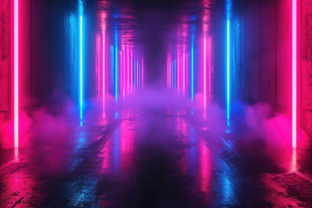Corridoio rivestito al neon con sfondo astratto luminoso