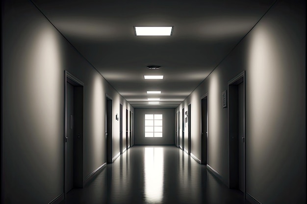 Corridoio solitario vuoto dell'ospedale con luce alla fine