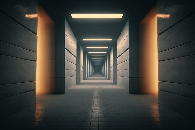 Corridoio sotterraneo futuristico con luci colorate