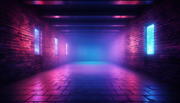 Corridoio Stanza Garage Studio Danza Faretti blu viola luminosi Pavimento in cemento Muri in mattoni retrò al neon Club Nebbia Nebbiosa scura