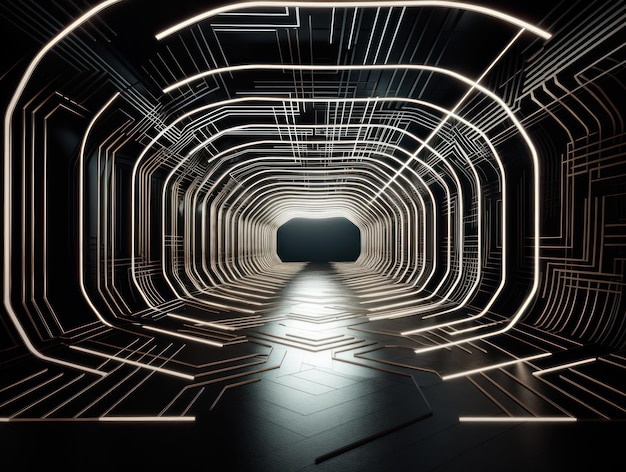 Corridoio tunnel futuristico astratto con luci e riflessi incandescenti Stile fantascientifico Creato con tecnologia AI generativa