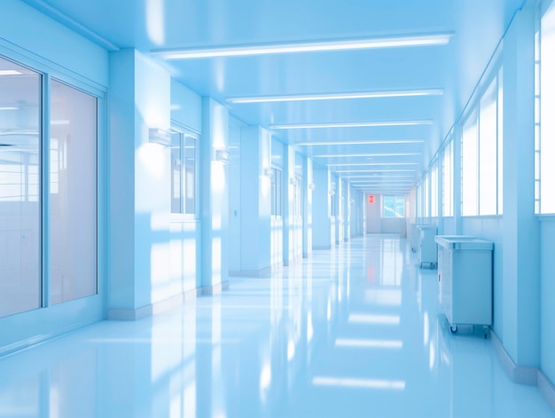 Corridoio vuoto dell'ospedale con pareti blu e pavimento bianco rendering 3d