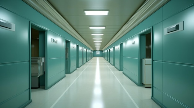 Corridoio vuoto in un ospedale moderno con un bancone di informazioni e letti ospedalieri AI generativa