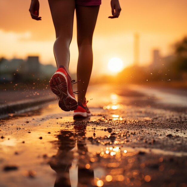 Corridore atleta che corre all'alba donna fitness jogging allenamento concetto di benessere