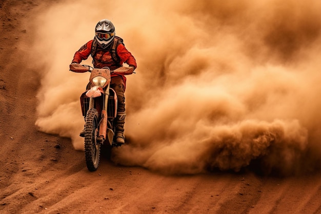 Corridore di motocross che accelera nella pista di polvere, foto in bianco e nero, ad alto contrasto