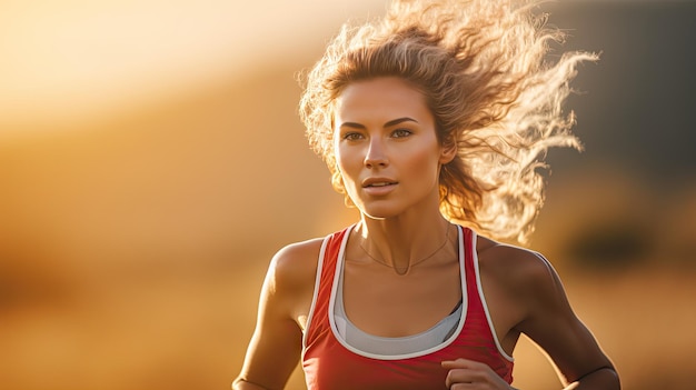 Corridore femminile che corre all'aperto nella natura Giovane donna che fa jogging al mattino