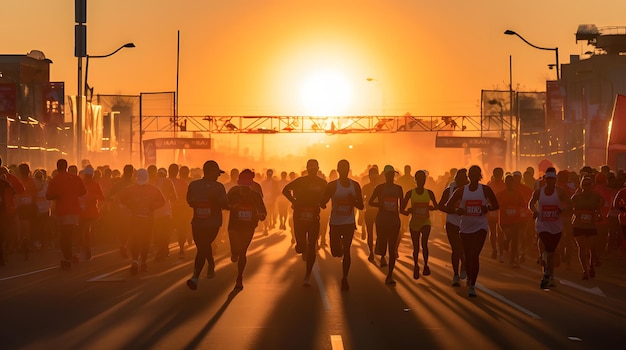 Corridori di maratona che attraversano il traguardo all'alba