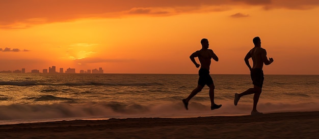 Corridori di maratona che corrono su una bella spiaggia all'alba stile di vita sano e concetto di fitness