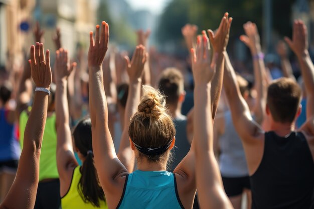 Corridori di maratona con le mani in alto che cantano e danno il ritmo