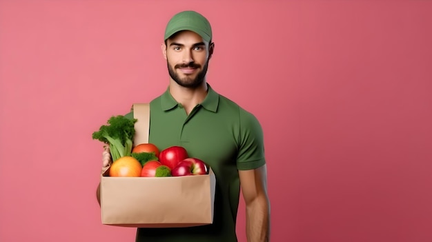 Corriere con cappuccio verde con scatola dei pasti