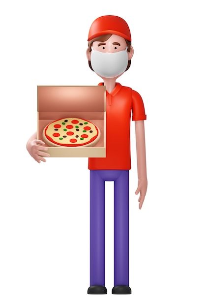 Corriere consegna pizza con scatola porta maschera con pizza