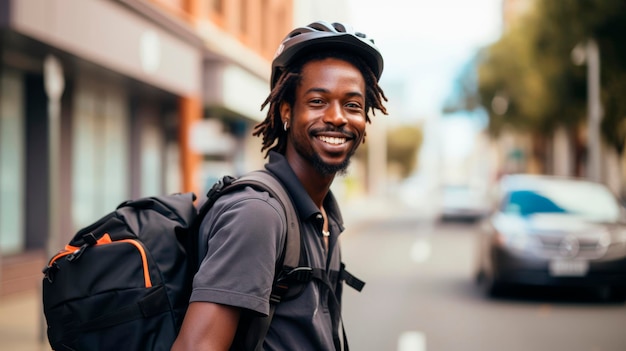 Corriere in bicicletta pronto per una consegna urbana rapida e rispettosa dell'ambiente