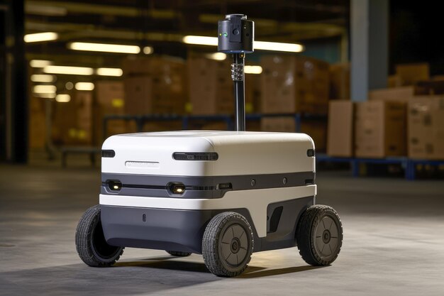 Corriere robot o fattorino in un magazzino Auto robotica a guida autonoma