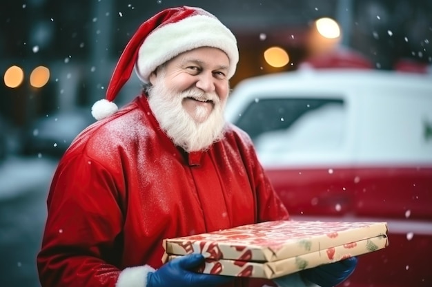 Corriere vestito da Babbo Natale con scatole artigianali Consegna di ordini regalo online per Natale o Capodanno