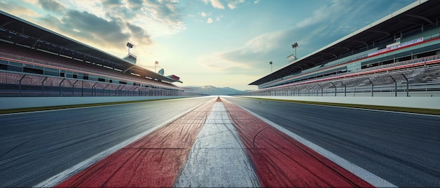 Corsa con stadio e skyline al crepuscolo