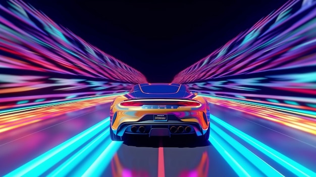 Corsa di auto elettriche 3D attraverso un tunnel colorato ad alta velocità telaio trasparente con vista interna Animazione con realtà virtuale AI generativa e mobilità elettrica