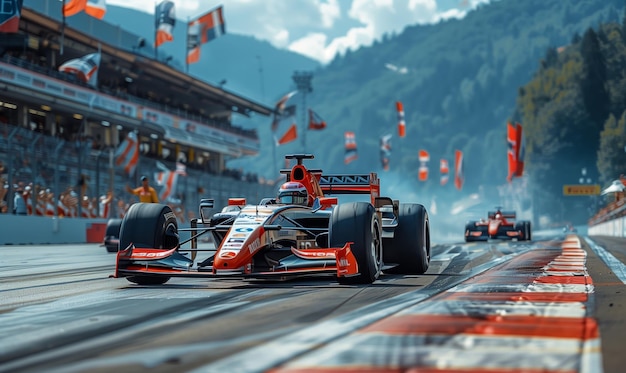 Corsa di Formula Uno con diverse macchine che competono ad alta velocità su una pista moderna