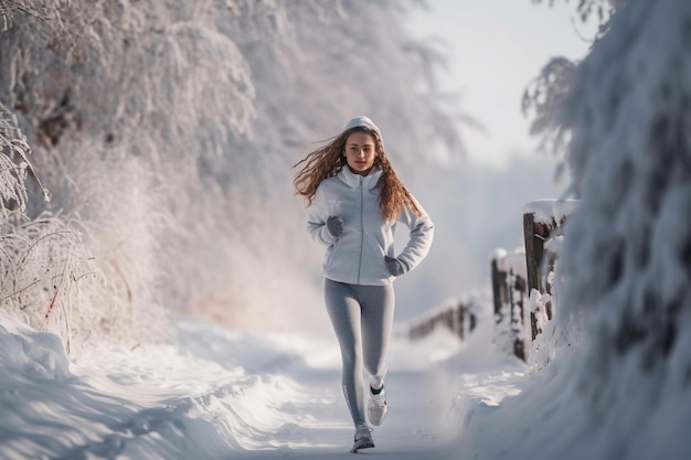 Corsa invernale Una ragazza in una corsa invernale mattutina