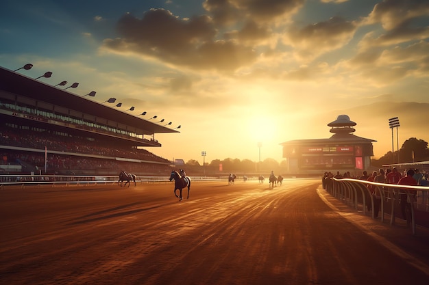 Corse di cavalli sulla pista al tramonto a Shenzhen, in Cina