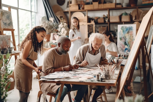 Corso di pittura con studenti adulti multiculturali di diverse età che imparano un nuovo laboratorio artistico