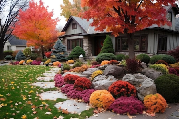 Cortile anteriore con piante in autunno Casa elegante decorata per le vacanze autunnali stagione cespugli colorati in primo piano illustrazione generata da AI